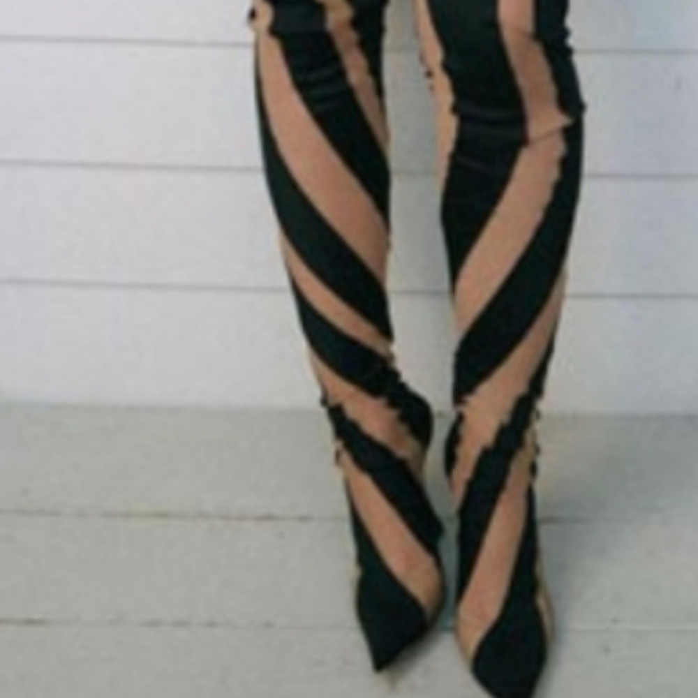 Over-the-Knee Striped Thigh High Boots - Black & Tan Illusion Mesh Heels - Picture 8 of 13